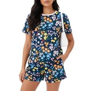 PatPat Women Lounge Sets 2 Piece Pajama Sets Short Sleeve Top and Shorts Loungewear Floral Print Trendy Home and Street Outfits Sets with Drawstring Pockets, Dark Blue, XL