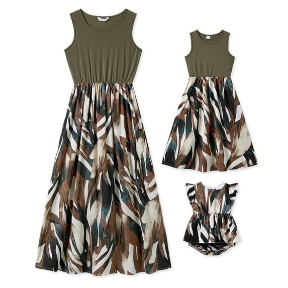 PatPat Women M Dresses Mommy and Me Army Green Tank Top Spliced Floral Dress,Army green