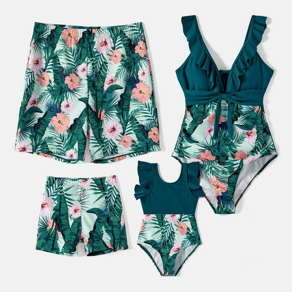 PatPat Women One Piece Swimsuits Tummy Control High Waist V Neck Tropical Family Matching Bathing Suit Set