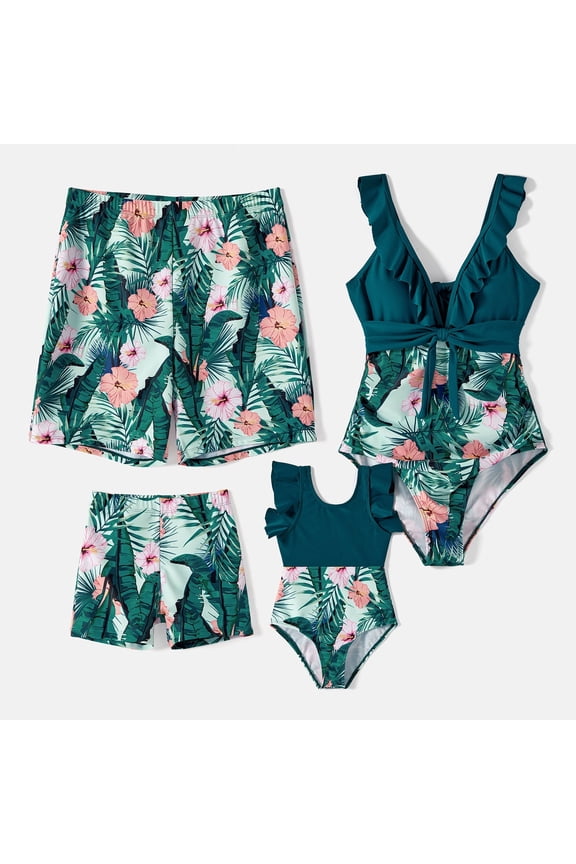 Women One Piece Swimsuits Tummy Control High Waist V Neck Tropical Family Matching Bathing Suit Set, Green, Mom M