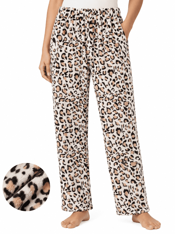 Women Pajama Pants Flannel Plush PJ Bottom Super Soft Toasty Warm Sleep Pants Casual Lounge Pants with Pockets, Leopard, L