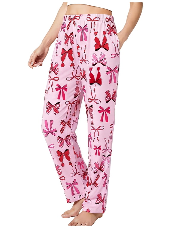 Women Pajama Pants Pink Bow Print Casual Lounge Pants Sleep Pjs Bottoms with Pockets, Pink, M