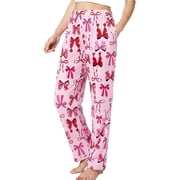 PatPat Women Pajama Pants Pink Bow Print Casual Lounge Pants Sleep Pjs Bottoms with Pockets, Pink, L