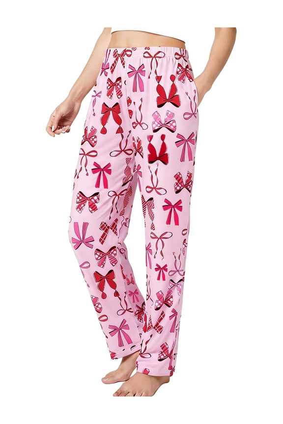 Women Pajama Pants Pink Bow Print Casual Lounge Pants Sleep Pjs Bottoms with Pockets Valentines Day Gifts, Pink, M