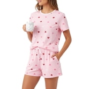 PatPat Women Pajamas Lounge Sets 2 Piece Short Sleeve Top and Shorts Cute Loungewear Home Sleep Wear Outfits Sets with Drawstring Pockets, Light Pink, M