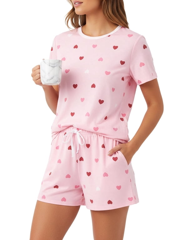 Women Pajamas Lounge Sets 2 Piece Short Sleeve Top and Shorts Cute Loungewear Home Sleep Wear Outfits Sets with Drawstring Pockets, Light Pink, M
