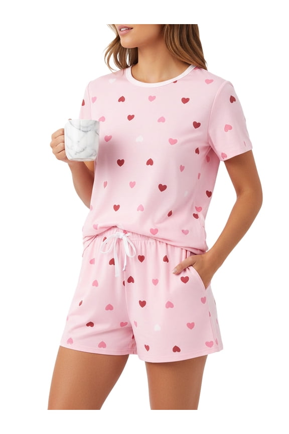 Women Pajamas Lounge Sets 2 Piece Short Sleeve Top and Shorts Cute Loungewear Home Sleep Wear Outfits Sets with Drawstring Pockets, Light Pink, M