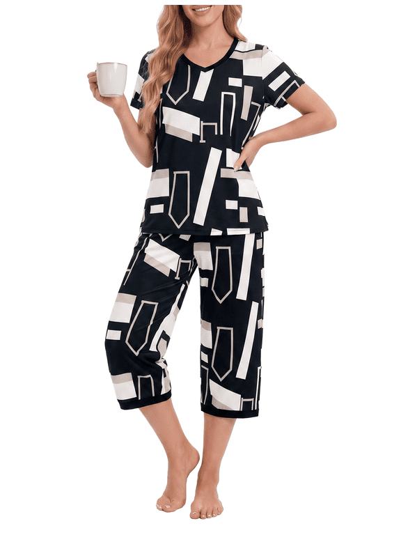 Pajamas for Women Set 2 Piece Lounge Sets V-neck Short Sleeve Pajama Top arnd Capri Pants, Black Geo, M