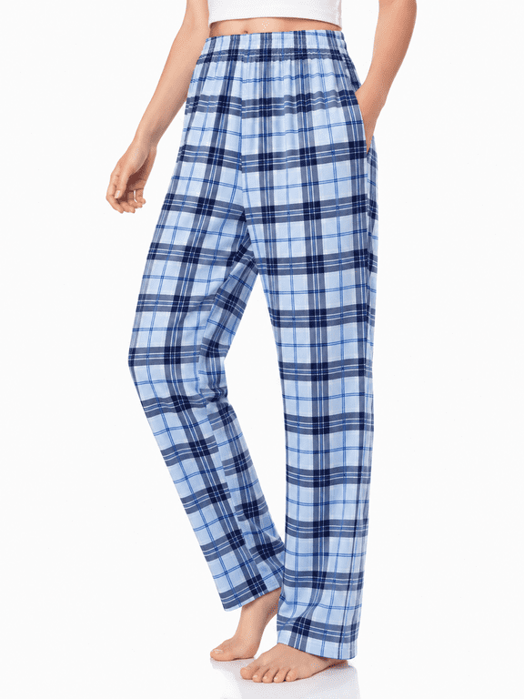 Women Pajamas Pants Blue Plaid PJ Pants Comfy Casual Sleep Bottom with Pockets, Blue, M