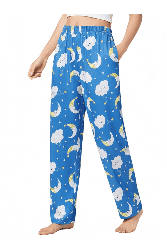 Women Pajamas Pants Casual Pj Pants Cute Cartoon Moon and Cloud Print Sleep Lounge Wear Night Bottom with Pockets, Blue, M