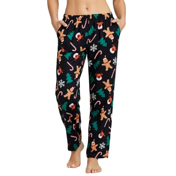 PatPat Women Pajamas Pants Christmas Gingerbread Man Reindeer Print Sleep Pants Soft Pj Bottom with Pockets, Black