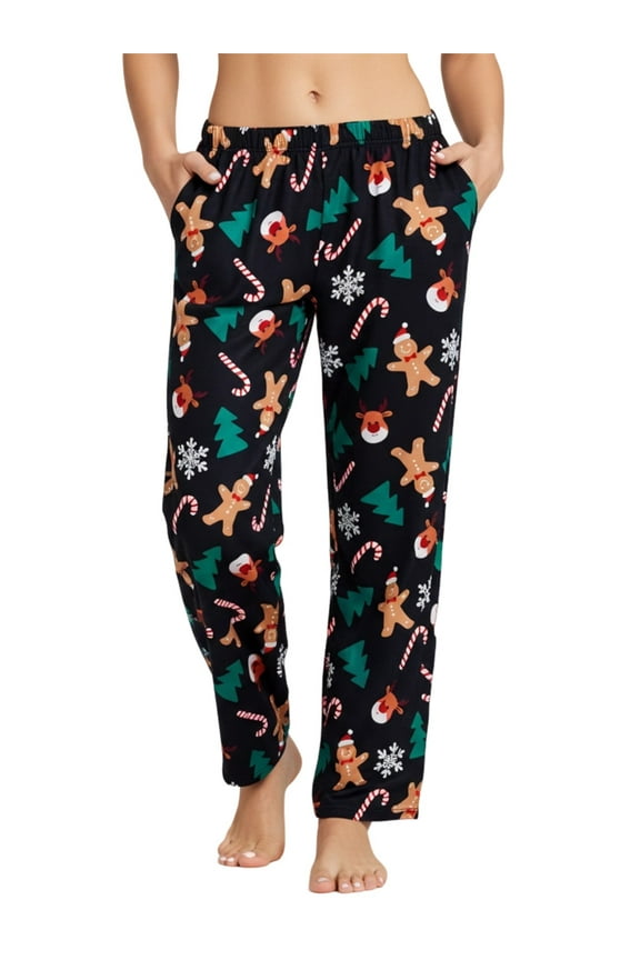 Women Pajamas Pants Christmas Gingerbread Man Reindeer Print Sleep Pants Soft Pj Bottom with Pockets, Black