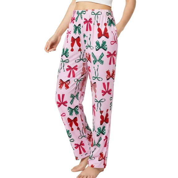 PatPat Women Pajamas Pants Christmas Red and Green Bow Print Pj Pants Comfy Casual Lounge Bottom with Pockets, Pink