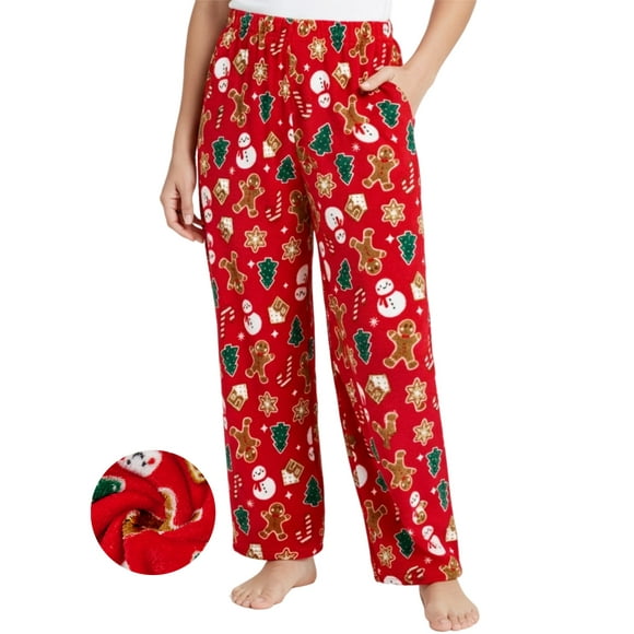 PatPat Womens Christmas Pajama Pants Flannel Plush Pj Bottom Super Soft Toasty Warm Sleep Pants with Pockets Gingerbread Man Print, Red, M