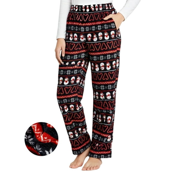 PatPat Women Christmas Pj Pants Flannel Plush Pajamas Bottom Snowman Print Holiday Fleece Cozy Toasty Warm Long Sleep Pants with Pockets, Black, XXL