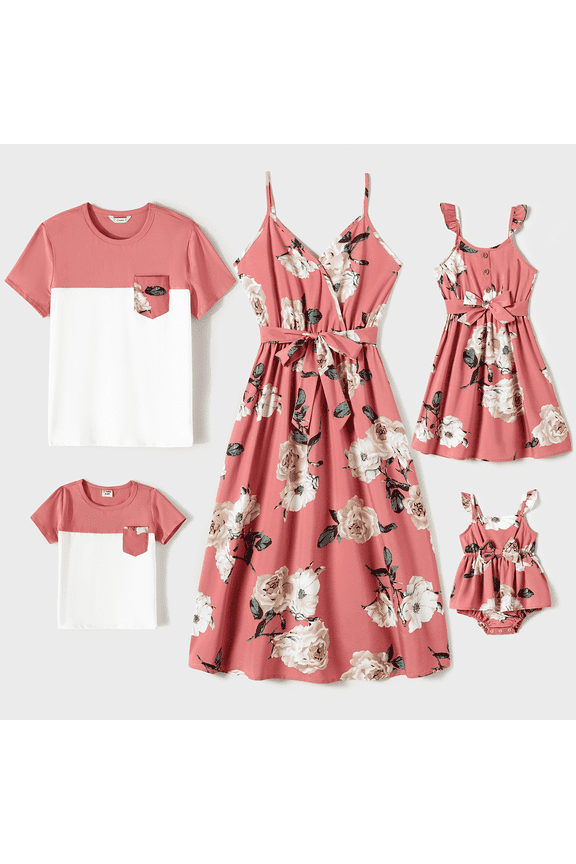 Women Dresses Family Matching Mommy and Me Allover Floral Print Belted Slip Dresses, Pink, Mom S