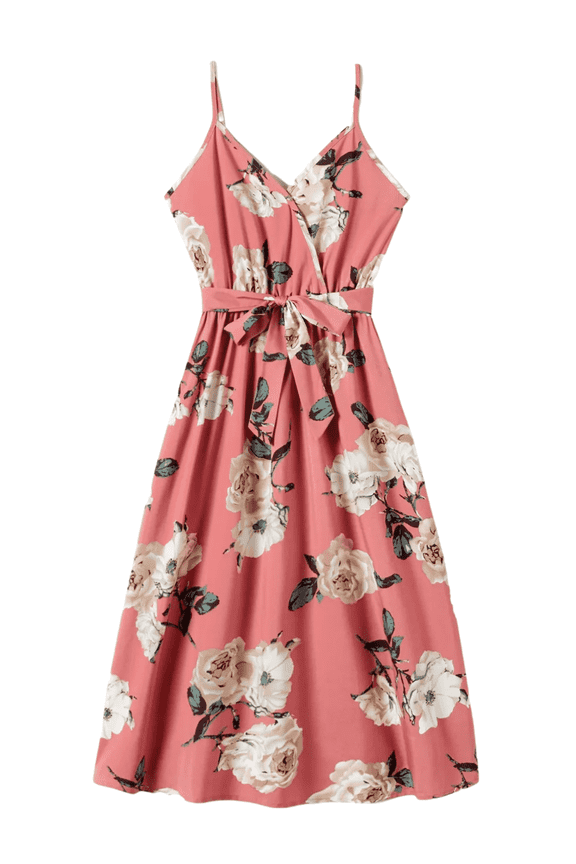 Women Summer Dresses Allover Floral Sundress Belted V Neck Slip Midi Vacation Dresses, Pink, XL