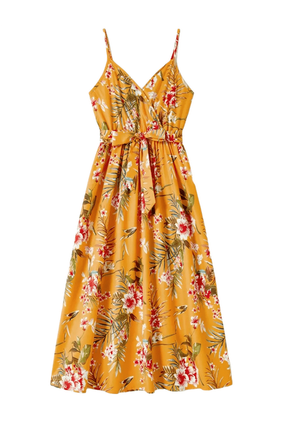 Women Summer Dresses Family Matching Outfits Allover Floral Sundress Belted V Neck Slip Midi Vacation Dresses, Yellow, Women M
