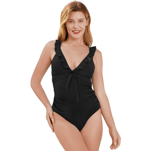 PatPat Women Swimsuits One Piece Bathing Suit Tummy Control High Waist V Neck Black Bikinis Matching Outfits,S-XL