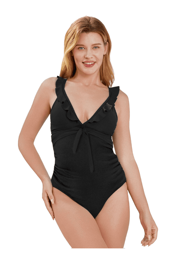 Women Swimsuits One Piece Bathing Suit Tummy Control High Waist V Neck Black Bikinis Matching Outfits,S-XL