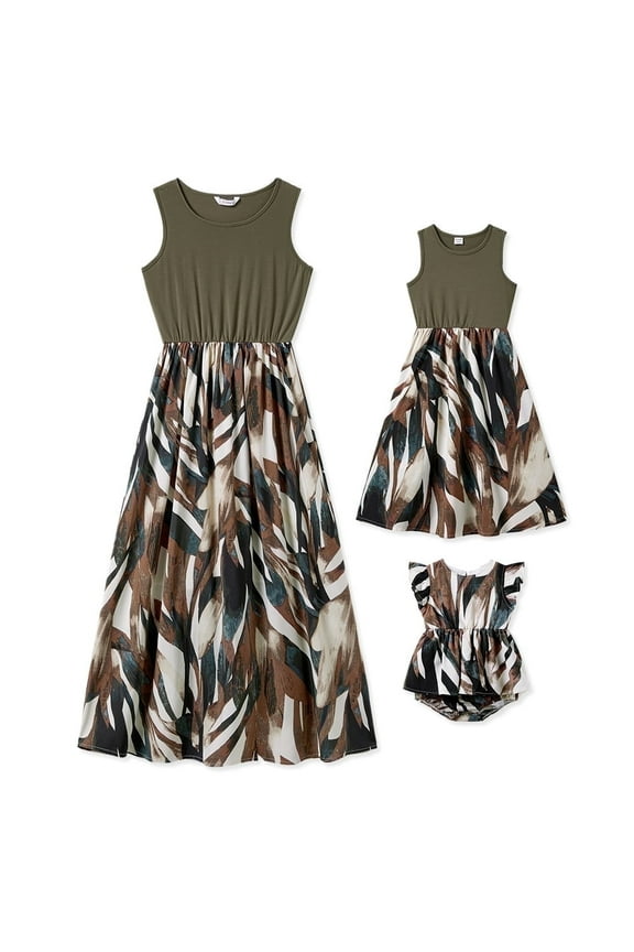 Women XL Dresses Mommy and Me Army Green Tank Top Spliced Floral Dress,Army green