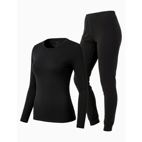 PatPat Women's Thermal Underwear Long Sleeve Warm Base Layer Top & Legging 2 Piece Set Loungewear with Soft Brushed Lining, Black, M