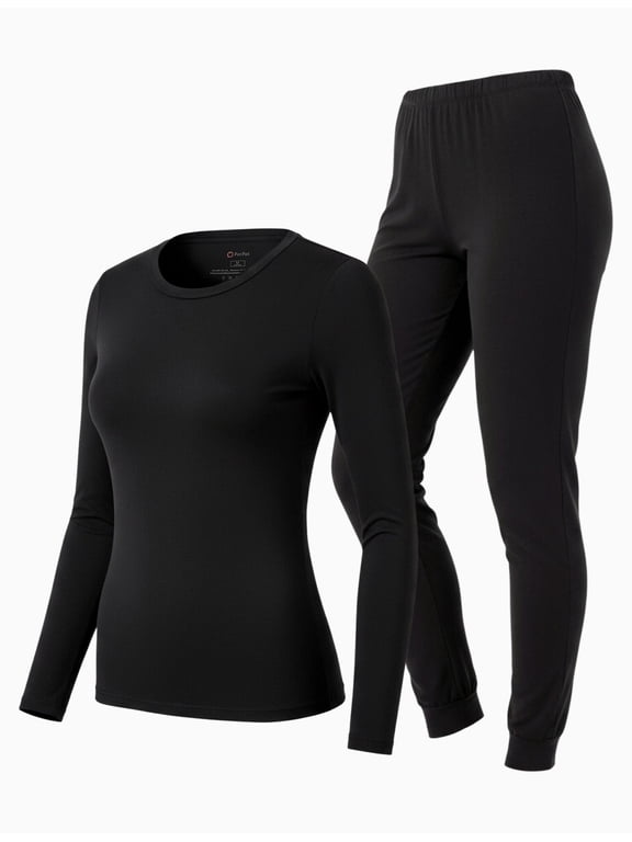 Women's Thermal Underwear Long Sleeve Warm Base Layer Top & Legging 2 Piece Set Loungewear with Soft Brushed Lining, Black, L