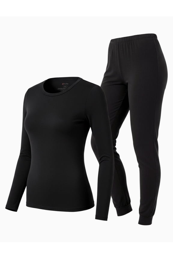 Women's Thermal Underwear Long Sleeve Warm Base Layer Top & Legging 2 Piece Set Loungewear with Soft Brushed Lining, Black, M