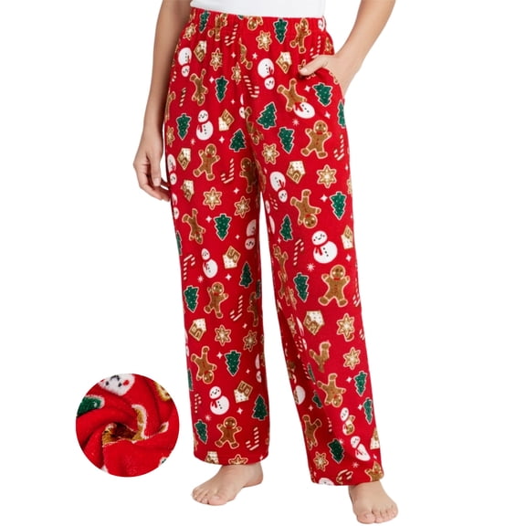 PatPat Womens Christmas Pajama Pants Flannel Plush Pj Bottom Super Soft Toasty Warm Sleep Pants with Pockets Gingerbread Man Print, Red, M