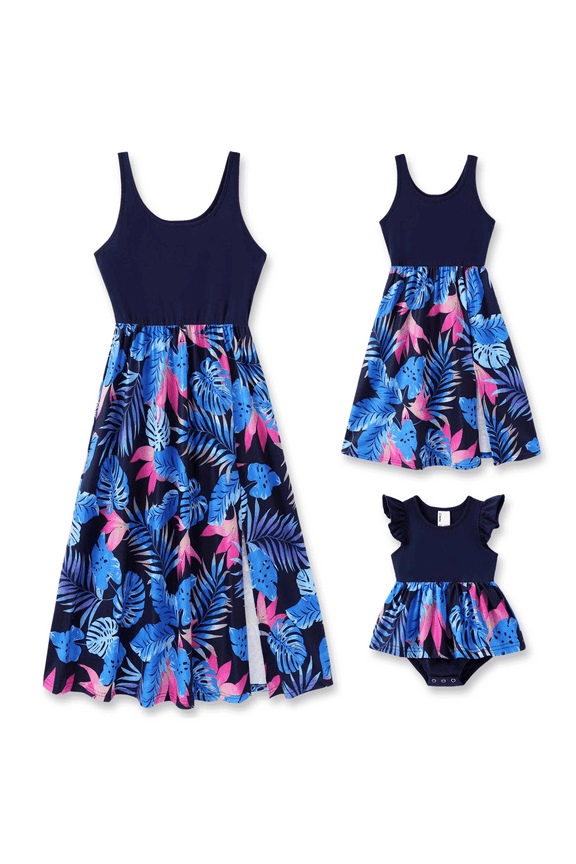 Womens Dresses Mommy and Me Blue Black Dresses Tropical Floral Midi Sleeveless Casual Summer Dresses for Women,S-XL
