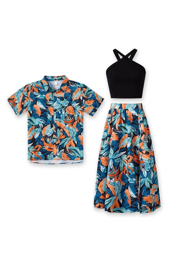 Womens Dresses Couple Matching Black Tropical Floral Midi Halter Dress Casual Summer Dresses for Women Beach Vacation Outfits Couple Gifts,S-XL