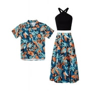 PATPAT Womens Dresses Couple Matching Black Tropical Floral Midi Halter Dress Casual Summer Dresses for Women Beach Vacation Outfits Couple Gifts,S-XL