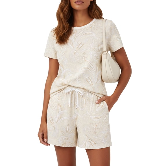 PatPat Womens Loungewear 2 Piece Pajama Sets Short Sleeve Top and Shorts Casual Sleepwear Paisley Prints Outfits Sets with Drawstring Pockets, Apricot, XL