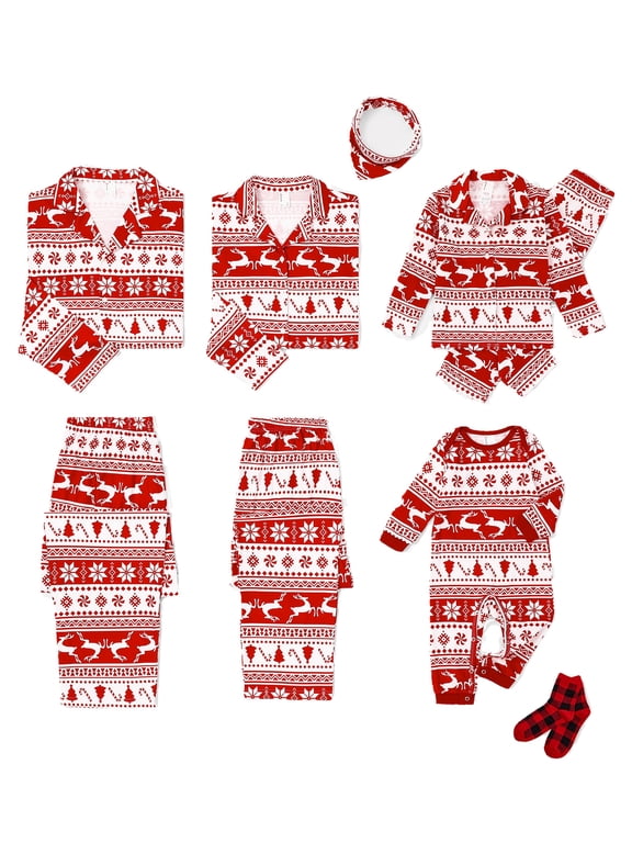 Christmas Pajamas Family Matching Women Cardigan Long Sleeve Button Down 2 Piece Top & Pants PJs Set Fair Isle Holiday Sleepwear with Socks, Red, M