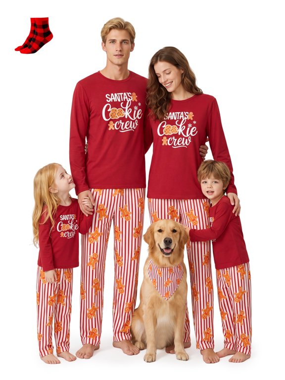 Christmas Pajamas Family Matching 2 Piece Holiday Couple PJs Sets for Women Letter Prints Top & Striped Pants with Socks, Burgundy, M