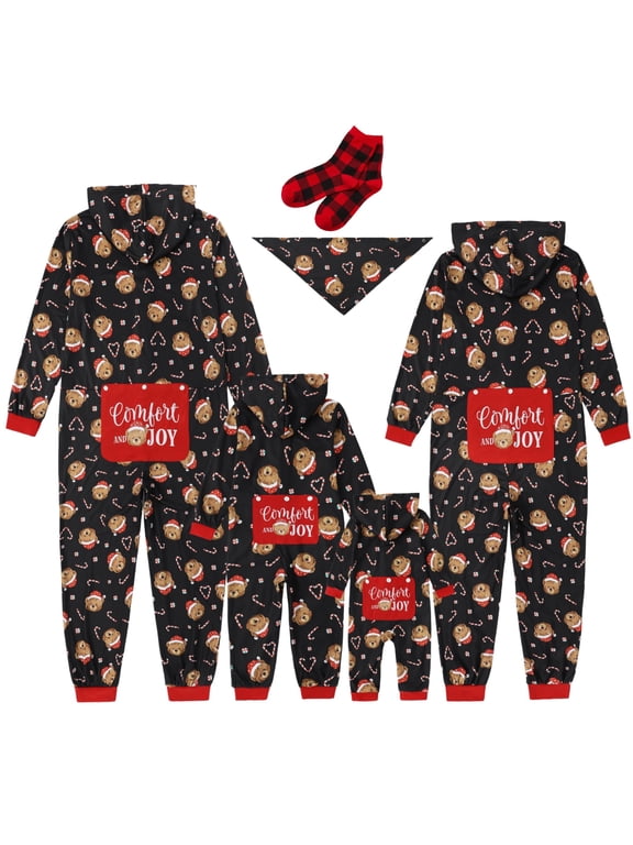 Christmas Matching Family Pajamas for Women One Piece Long Sleeve Hooded Cute Bear Prints Adult PJs for Couples Holiday Loungewear with Socks, Black, M
