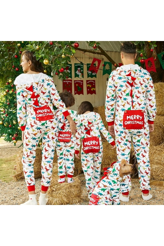 Christmas Family Matching Pajamas for Women One Piece Long Sleeve Hooded Dinosaur Costume Adult PJs for Couples Holiday Loungewear with Socks Women M