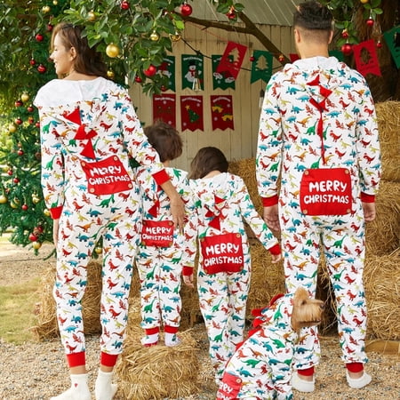 PatPat Baby Christmas Pajamas Family Matching Hooded One Piece Long Sleeve Dinosaur Costume Sleepwear Newborn Infant Clothes with Christmas Socks 12-18 Months