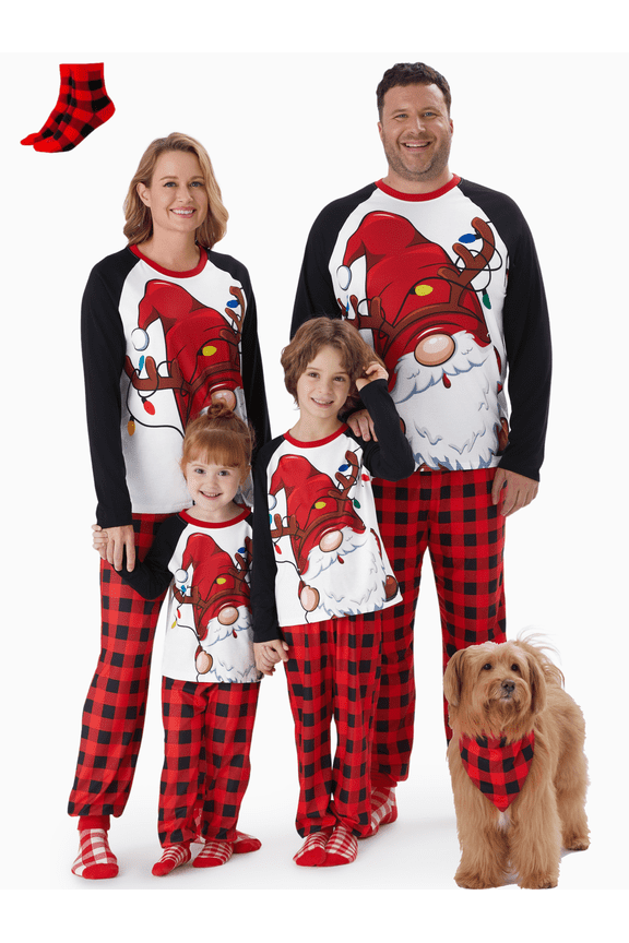 Womens Christmas Pajamas Family Matching 2 Piece Set Long Sleeve Santas Top and Red Plaid Pants Loungewear Set Holiday Gift PJs with Socks Women M