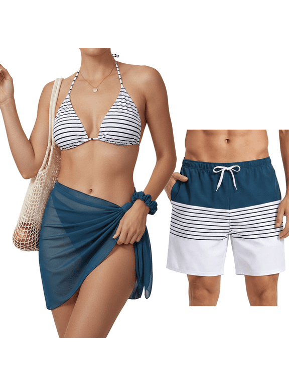 Womens Swimsuits Striped Bikini Set with Cover Up Beach Vacation Couples Gift High Waisted Bathing Suit for Women