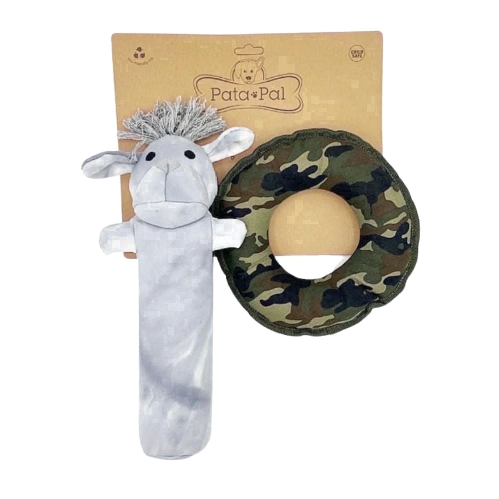 Durable Tough Cotton Canvas Squeaky Dog Toys, Eco-Friendly Interactive 2-Pack Chew Toys Set for Small, Large Dogs Labby-Do & Green Camo Disk by Pata Pal