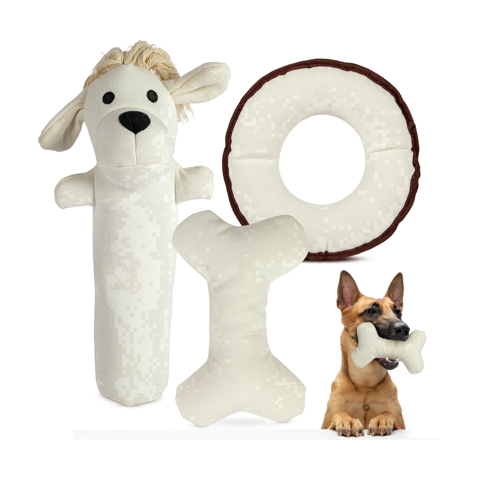 Durable Tough Cotton Canvas Squeaky Dog Toys, Eco-Friendly Interactive 3-Pack Chew Toy Set for Small, Large Dogs Harry the Hound, T-Bone & Donut Disk by Pata Pal