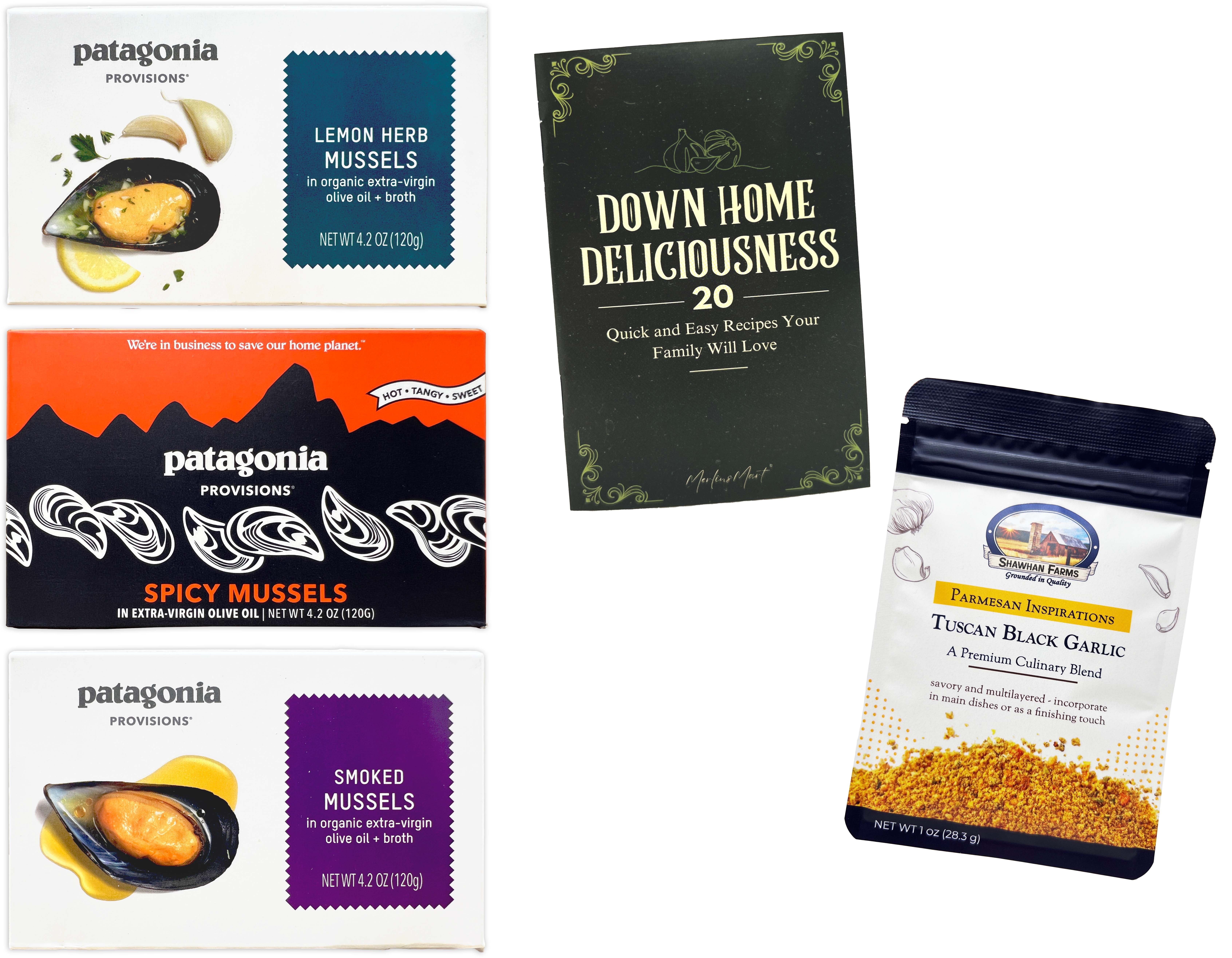 Patagonia Provisions Canned Mussels - 3 flavor - 1 each: Spicy, Smoked, Lemon Herb | Shawhan Farms Parmesan + MerlinsMart Zine