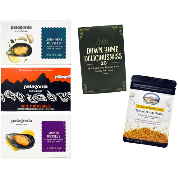 Patagonia Provisions Canned Mussels - 3 flavor - 1 each: Spicy, Smoked, Lemon Herb | Shawhan Farms Parmesan + MerlinsMart Zine