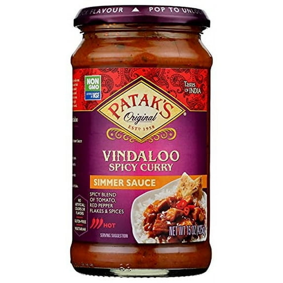 Patak's Spicy Vindaloo Simmer Sauce - 15 Oz (Pack of 3) – With Tomato, Chile, and Spices, No Artificial Flavors, Colors, or Preservatives, Gluten Free, Vegetarian Friendly