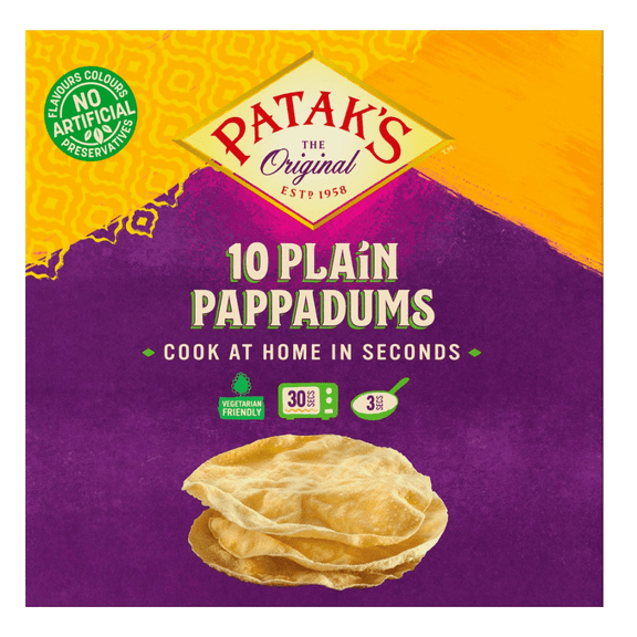 Pataks 10 Plain Ready to Cook Pappadums 100g (Pack of 12)