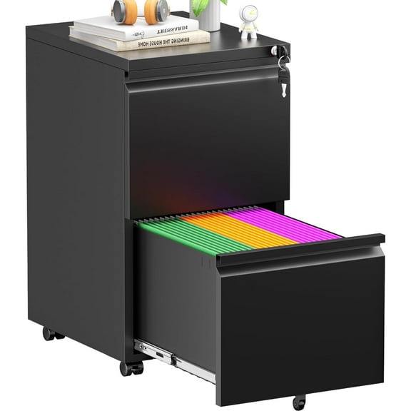 Pataku 2 Drawer File Cabinet, Small File Cabinets with Lock, Metal Rolling Filing Cabinet with 2 Drawer, Filing Cabinets for Home Office Fit A4/Letter/Legal, Easy Assembled, Black