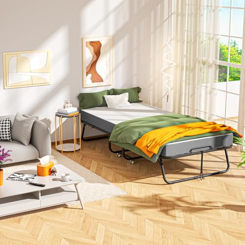 Pataku Folding Bed with Mattress, Foldable Twin Bed, Roll Away Beds for Adults, 75" x 31" Portable Roll Away Guest Beds with 5" Mattress, Folded Frame for Guest Room, Small Apartme