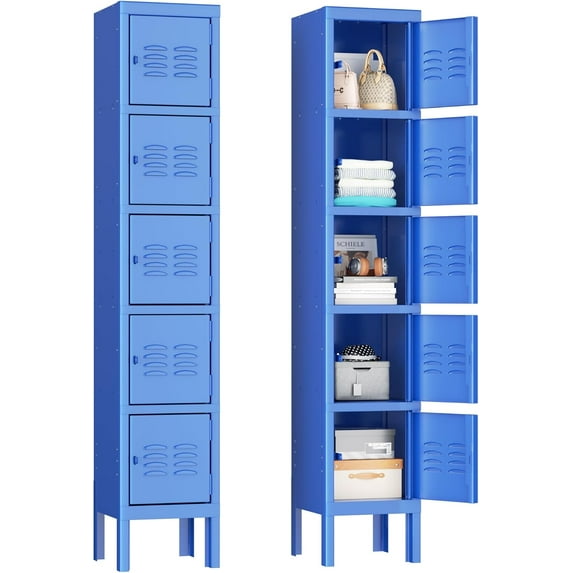 Pataku Lockers for Employees, Blue Lockers with Lockable Doors, Sports Locker with 5 Doors, Metal Locker for Office, 5 Tier Storage Locker Cabinet for Bedroom, Gym, School, Home