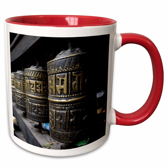 3drose, Patans Durbar Square Patan, Praying Wheels, 15oz Two-tone Red Mug